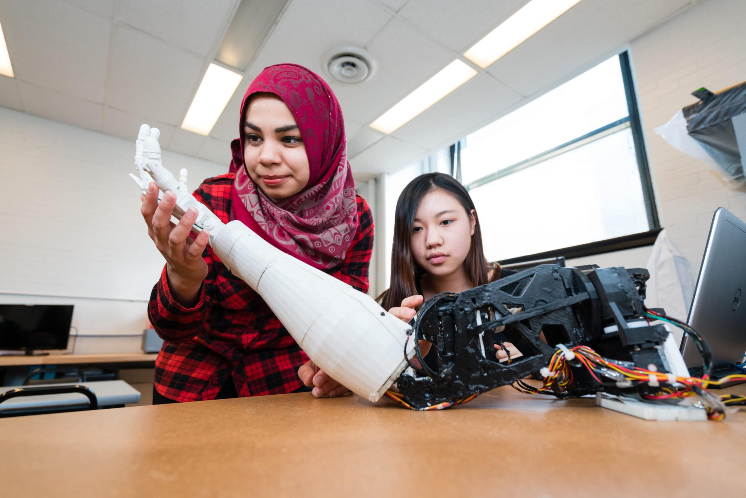 An image of 2 young women looking at a robotic arm: the image is next to the mentorship opportunities link.